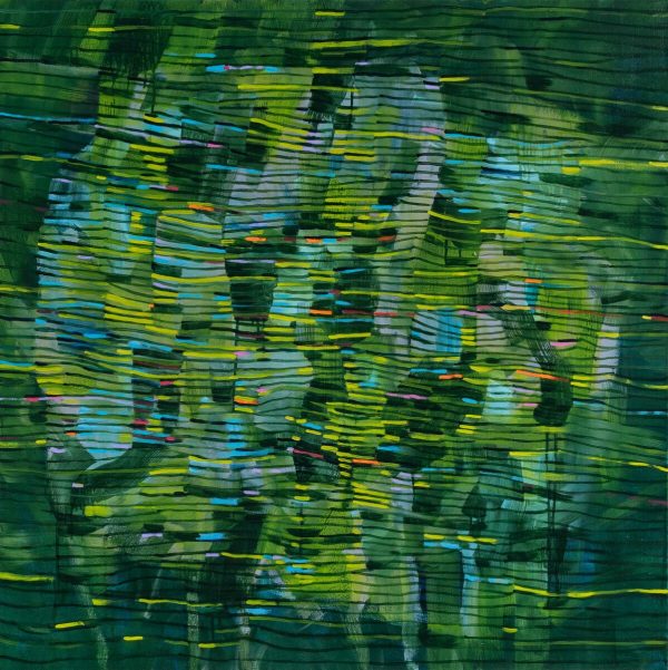 An abstract painting featuring mostly shades of green with touches of pink, blue, and yellow applied in horizontal brushstrokes.