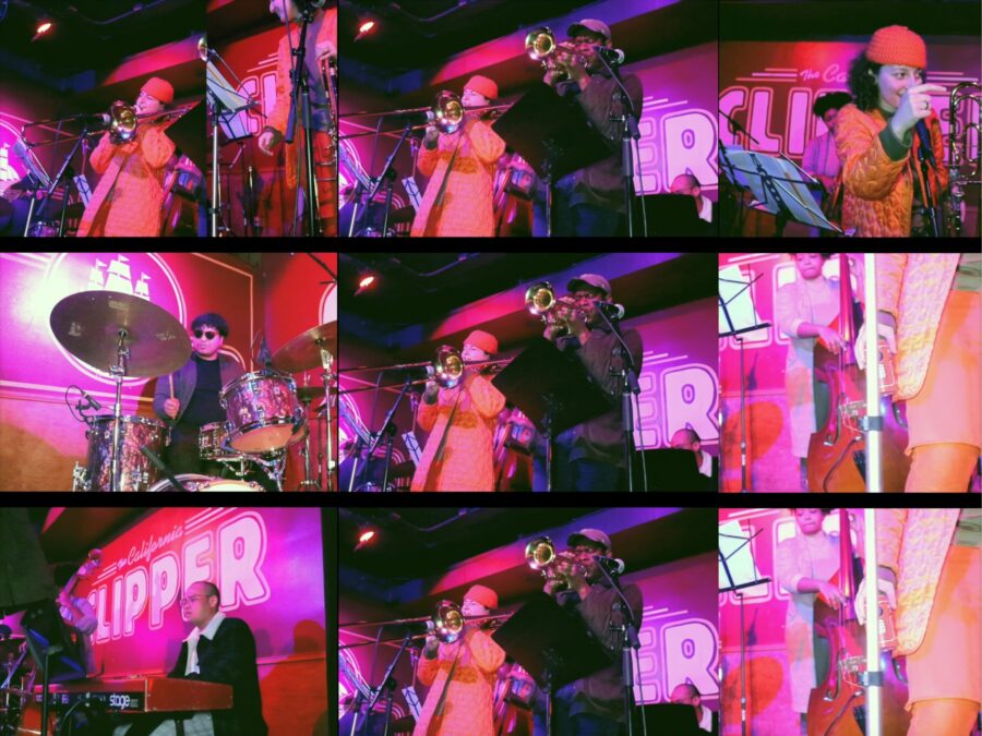 Photo composition resembling a film reel in a three by three grid of various people playing instruments on a pink-lit stage