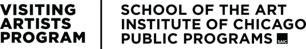 Lockup of two logos divided by a vertical line: Visiting Artists Program and School of the Art Institute of Chicago Public Programs