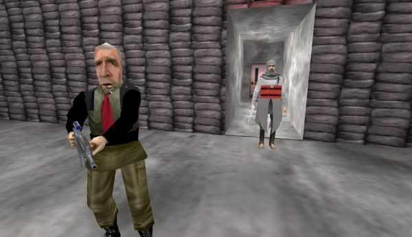 Rough animation of George Bush in a sandbag-lined room with a person entering through a doorway.