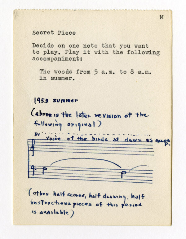 Typewritten piece of paper titled Secret Piece with a handwritten score on the bottom half