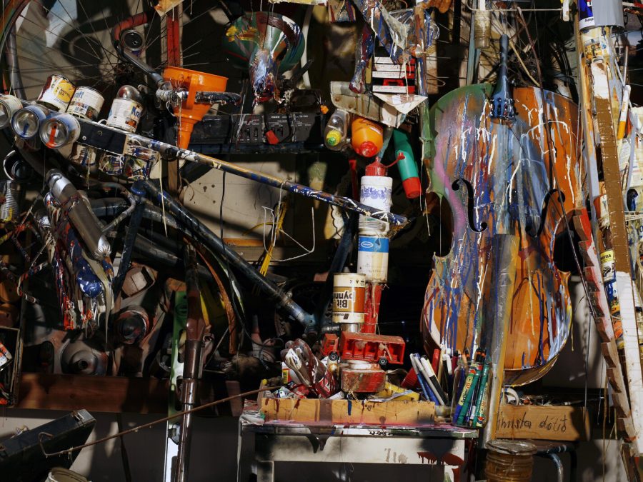 a cacophony of objects splattered in paint