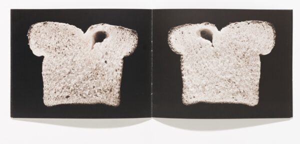 An open book featuring a slice of bread against a black background on each page. Each slice has a small air pocket on mirror sides.