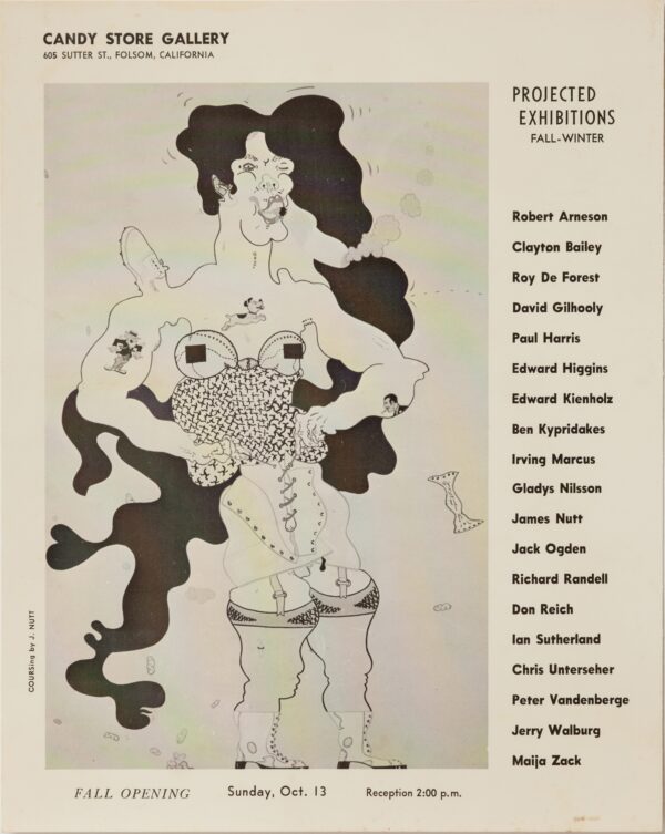 An exaggerated drawing of a woman in a corset accompanies a list of names for Project Exhibitions at the Candy Store Gallery