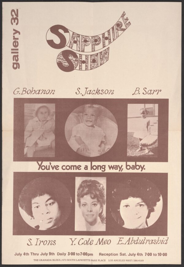 Leaflet printed in a dark mauve color featuring the title of the exhibition, artists' names, and date, location, and times. Two rectangles feature three images each: baby photos in the top box; adult photos in the bottom box.