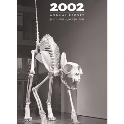 Cover of the MCA's annual report for 2002 featuring Felix, a giant house cat skeleton