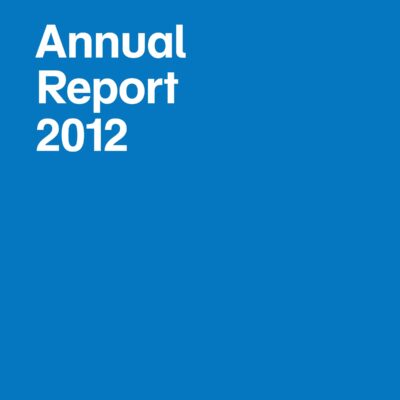 The cover of the MCA's annual report for 2012 with plain white text against a cerulean background