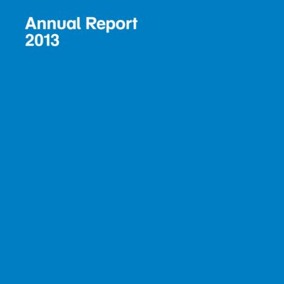 The cover of the MCA's annual report for 2013 with plain white text against a cerulean background