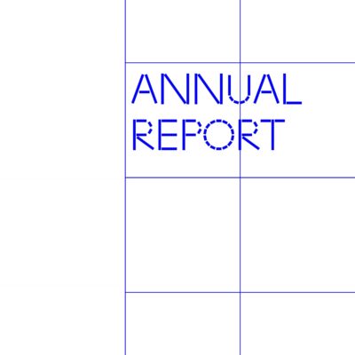The cover for an Annual Report for the Museum of Contemporary Art with the dates July 1, 2015–June 30, 2016 in blue font with a blue grid on white.