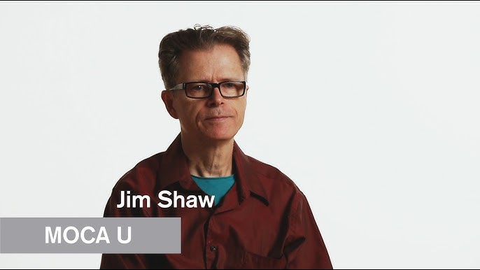 A man with beige skin, a flat top haircut, and glasses against a white background. Overlayed on top of the image is white text reading Jim Shaw and a grey box with white text reading MoCA U.