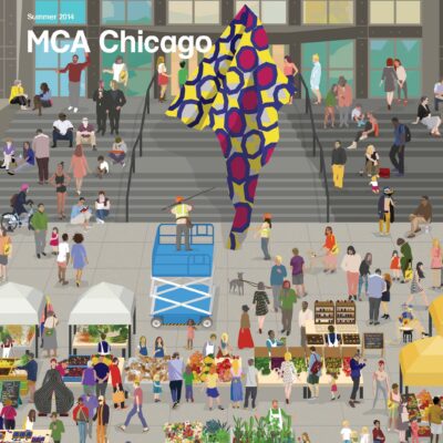 Illustration of the MCA plaza during the farmers market with a lot of activity going on