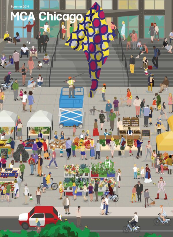 Illustration of the MCA plaza during the farmers market with a lot of activity going on