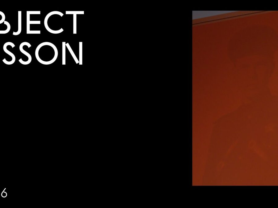 A black rectangle with the words Object Lesson in the upper left hand corner and OL 016 in the bottom left hand corner accompanied by a red vertical artwork in the upper right hand corner