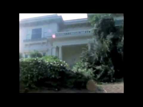 A grainy photo of a house through shrubbery framed in black