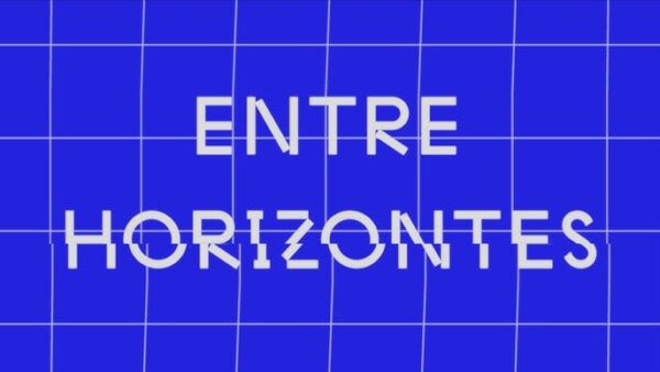 White text reading Entre Horizontes over a bluish-purple background with a white grid