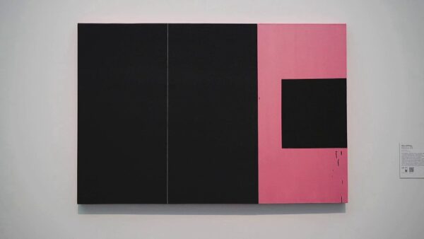 A mostly black painting with a pink c filling up the right-hand side