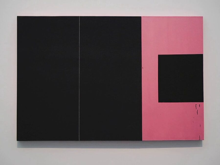 A mostly black painting with a pink c filling up the right-hand side