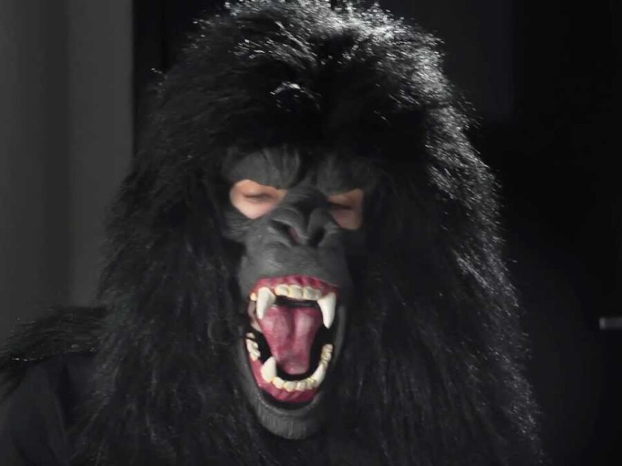 A person with a gorilla mask on sits in a darkened room