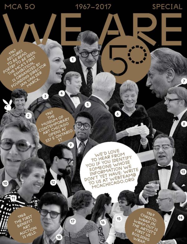 Gold text on black reads We Are with a black 50 in a gold circle tops a collage of peoples heads surrounded by gold and white circles of text