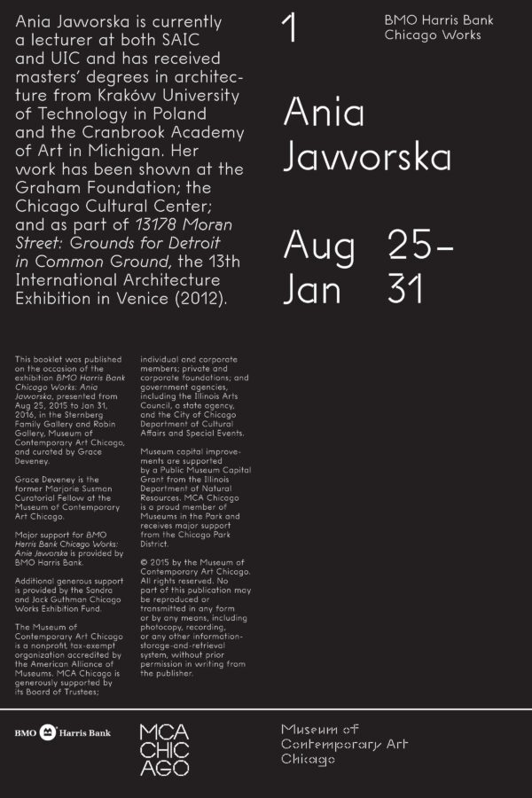 White text against black is divided into two sides. The left side is mostly too small to make out. The right side reads 1 BMO Harris Bank Chicago works and below that in larger font is Ania Jaworska Aug 25–Jan 31.