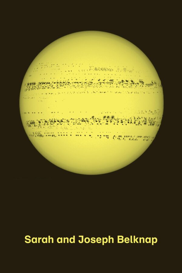 A yellow planet appears against a black background. Below it yellow text reads Sarah and Joseph Belknap