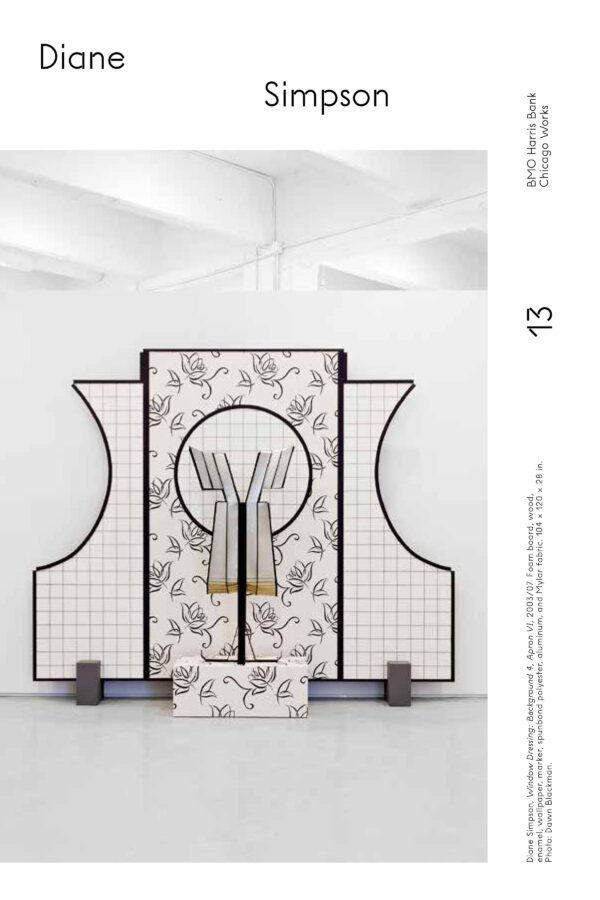 Blue text on white reads Diane Simpson Chicago Works 13 and an illegible image caption accompanied by an image of a sculptural installation of a patterned dress on a pedestal against a screen divider