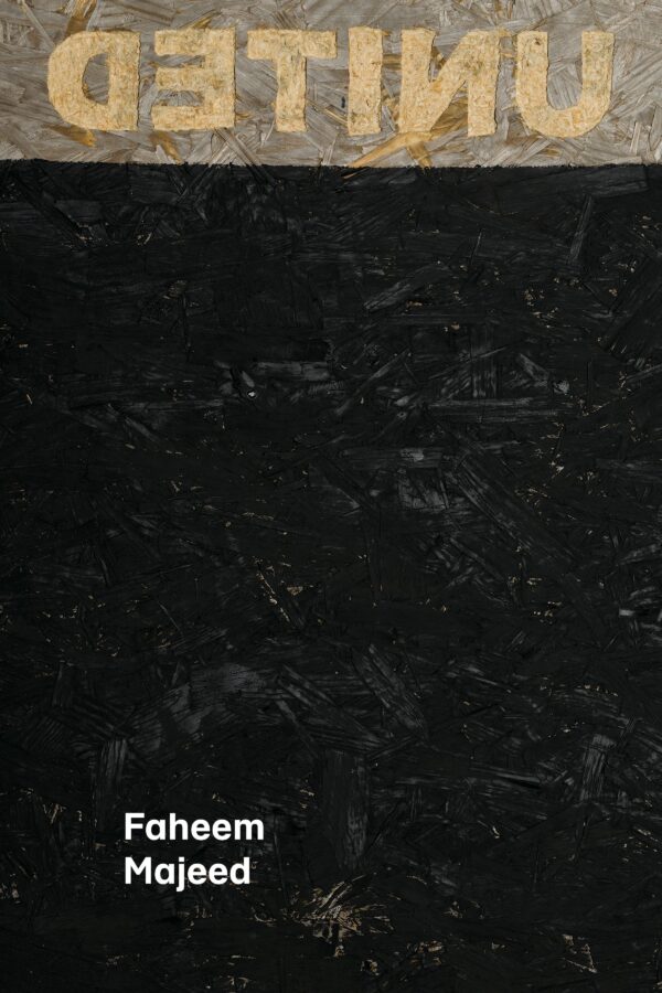 Yellow mirror text reading United at the top of a large swath of black. At the bottom of the black rectangle is white text reading Faheem Majeed