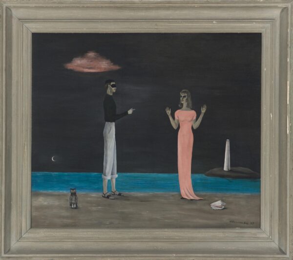 A framed painting of a man and a woman on a beach with a lighthouse in the background. The man is masked and points a gun at the woman who holds her hands up in surrender.