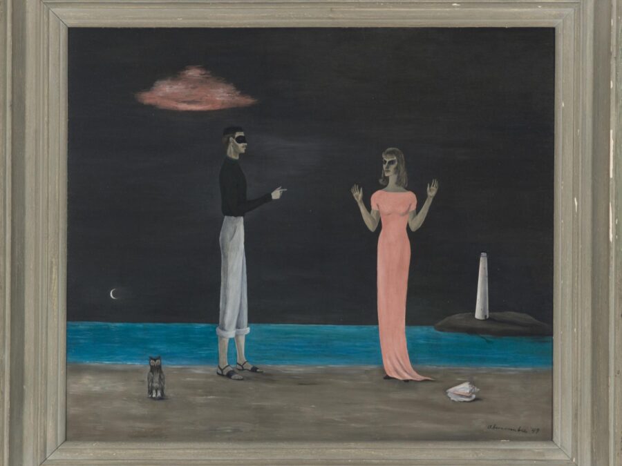 A framed painting of a man and a woman on a beach with a lighthouse in the background. The man is masked and points a gun at the woman who holds her hands up in surrender.