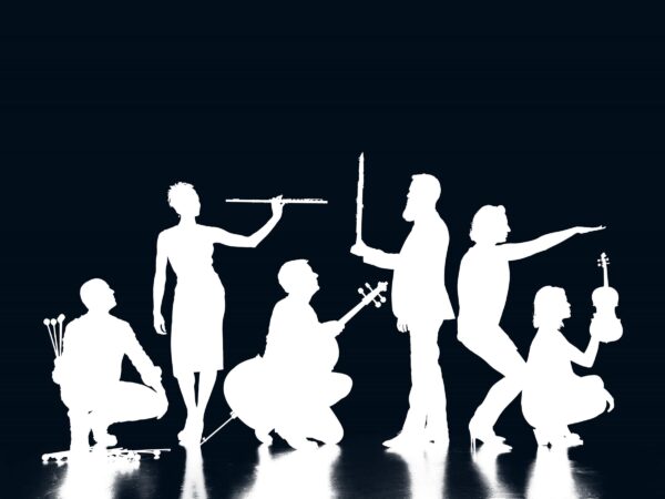Silhouette of six people variously standing and squatting while holding orchestra batons