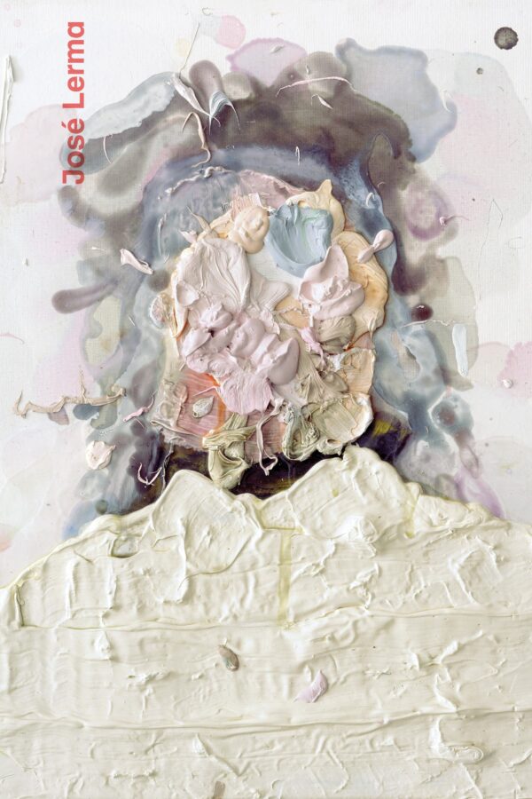 A light abstract, highly textured painting with hot pink text over it reading Jose Lerma