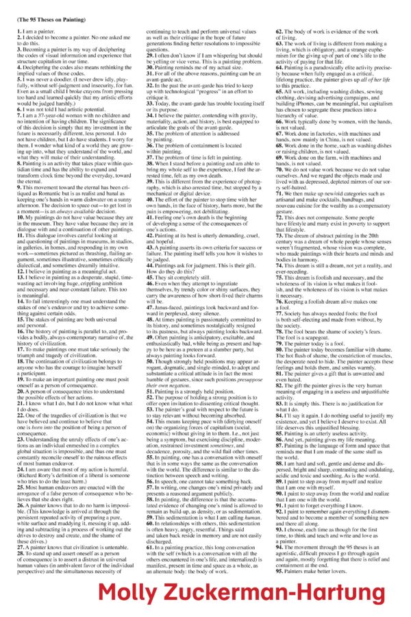 Small black text against white at the top reads 95 theses on painting with 95 items in three columns. At the bottom of the list, red font reads Molly Zuckerman-Hartung.