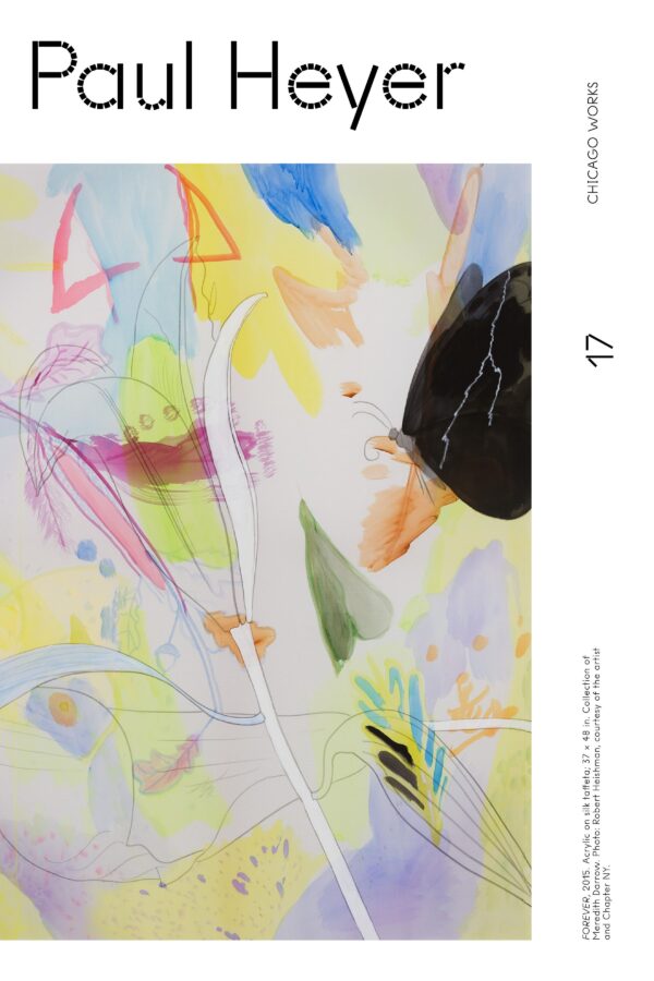 Black text on white reads Paul Heyer Chicago Works 17 and an illegible image caption accompanied by an abstract pastel-colored artwork with a blob of black in the upper right