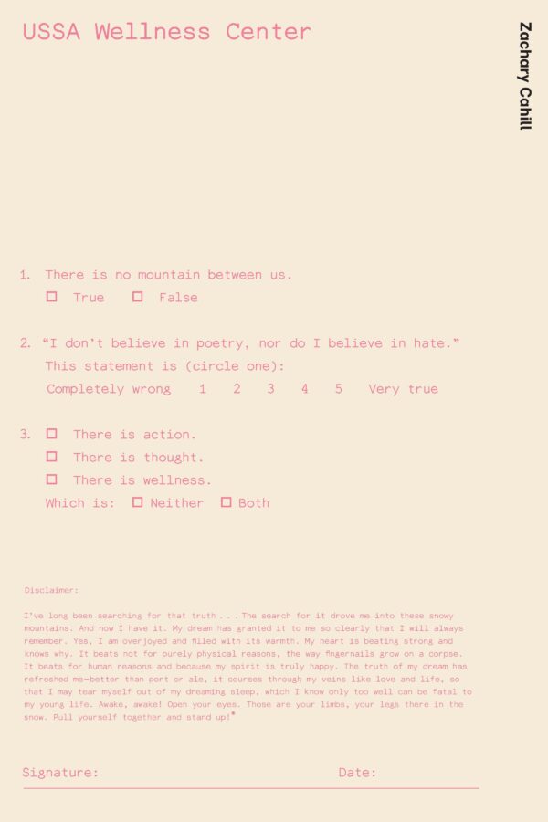 Pink text on beige is mostly illegible except for the top portion which reads USSA Wellness Center with a questionnaire below it. In the top right corner black text reads Zachary Cahill.