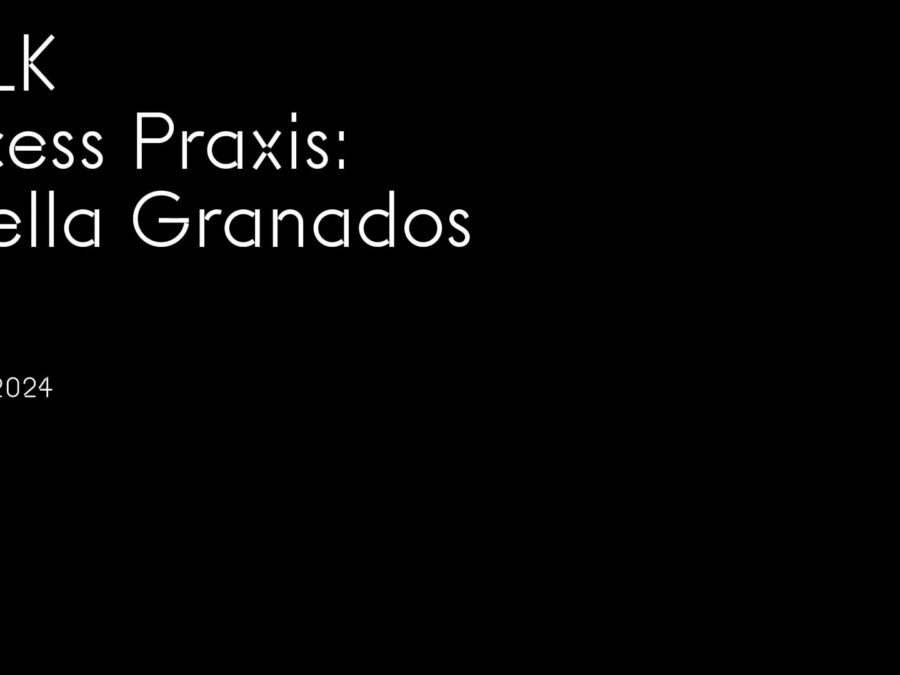White text on black reading Talk, Access Praxis, Ariella Granados, April 30, 2024