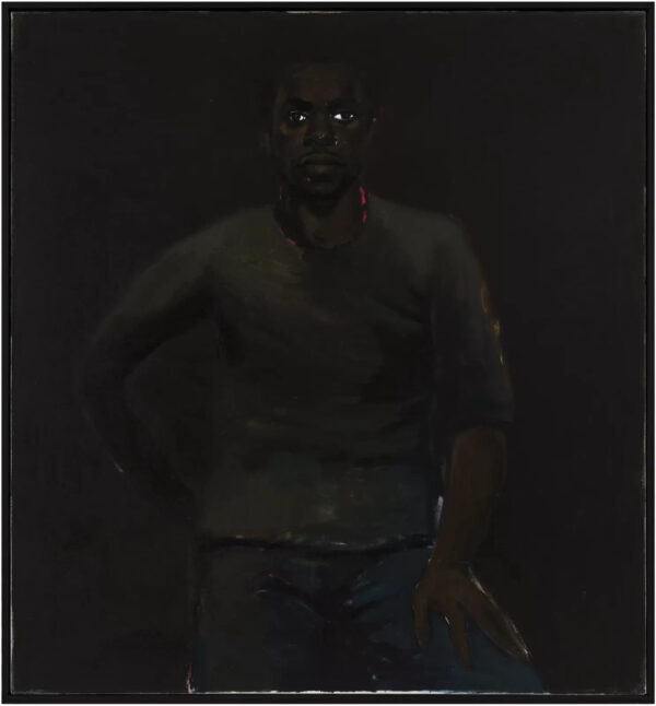 A painting of a seated dark-skinned person in dark clothes against a dark background, which accentuates the whites of their eyes