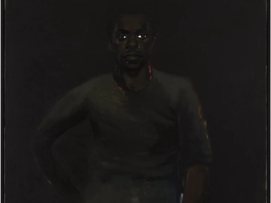 A painting of a seated dark-skinned person in dark clothes against a dark background, which accentuates the whites of their eyes