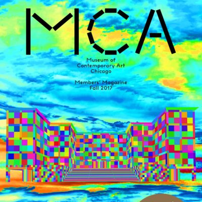A colorful illustration of the MCA with a sea of blue, green, and yellow surround the MCA building which is made up of tiny squares. Black text at the top reads MCA and a gold circle with white text reading 50th appears in the bottom right corner