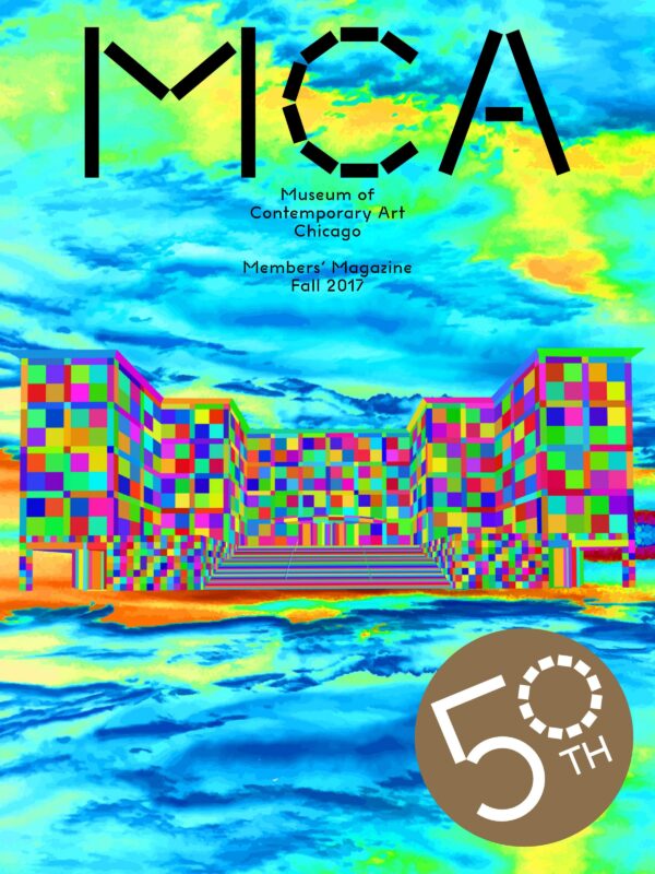 A colorful illustration of the MCA with a sea of blue, green, and yellow surround the MCA building which is made up of tiny squares. Black text at the top reads MCA and a gold circle with white text reading 50th appears in the bottom right corner