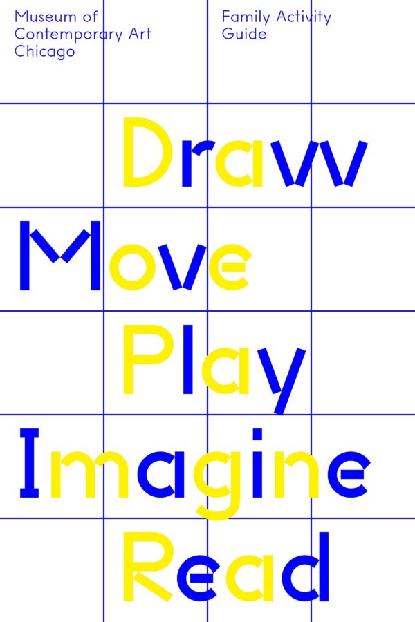 Alternating yellow and blue letters read Draw Move Play Imagine Read against a black and white grid