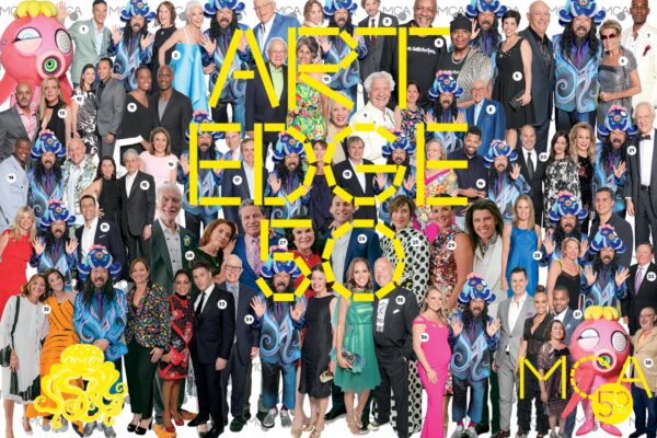 Collage of images of people dressed up with yellow text over the group reading Art Edge 50