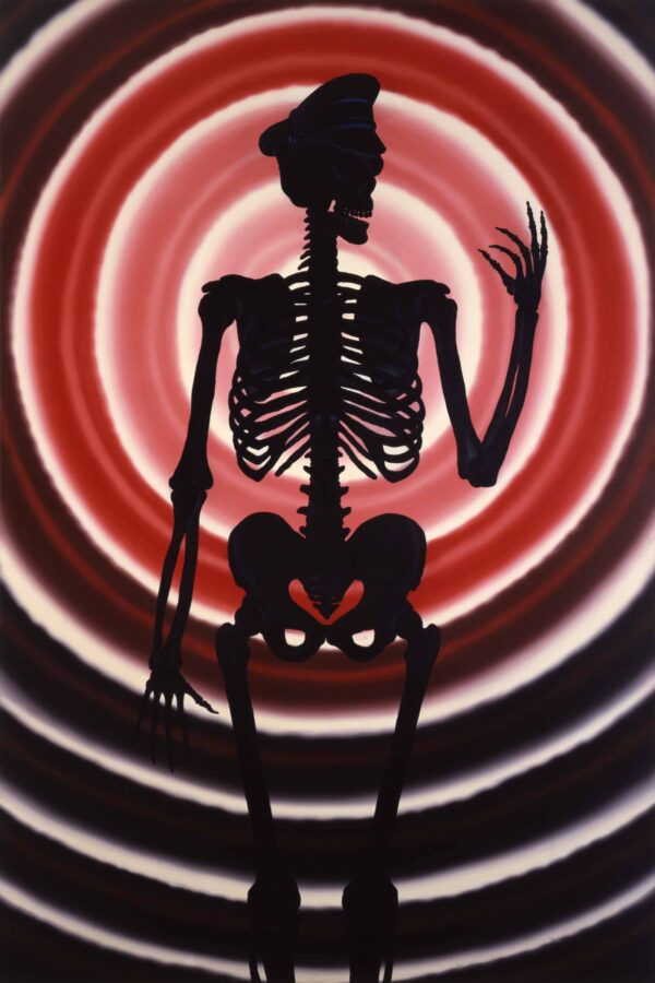 A skeleton in a cadet style hat against concentric circles going from light pink in the middle to black around the edges of the painting