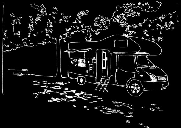 White line drawing against a black background of a camper with a folding chair near its open door among foliage
