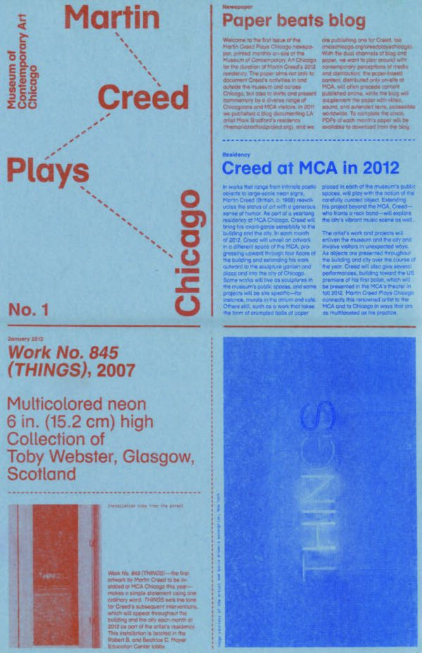 A blue newspaper divided into four sections with the header text Martin Creed Plays Chicago in orange