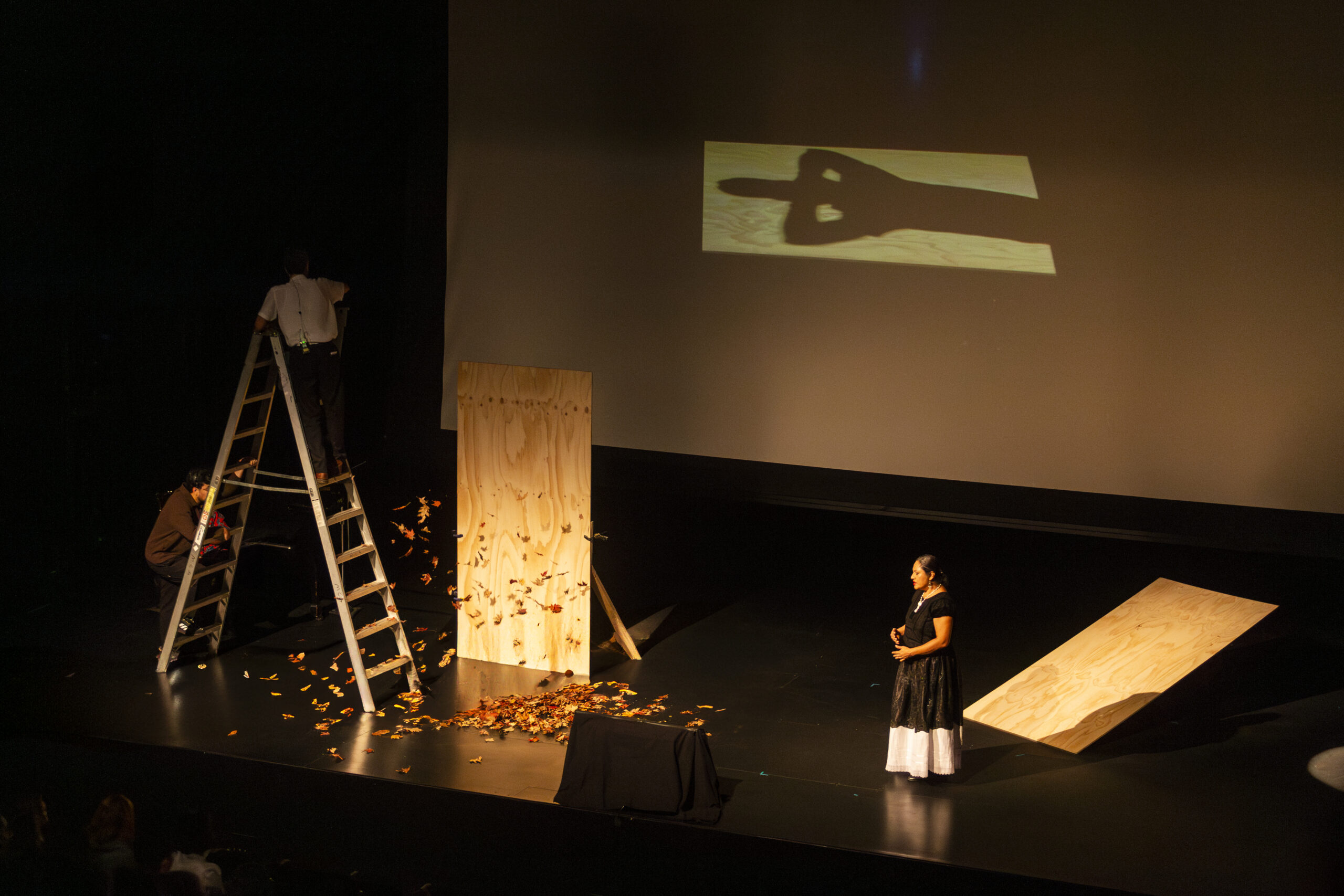Two people stand on a ladder as one of them tosses leaves onto the floor of a stage as another person in a black and white dress looks on. A screen at the back of the stage displays an image of a person's shadow seeming to recline on a piece of wood