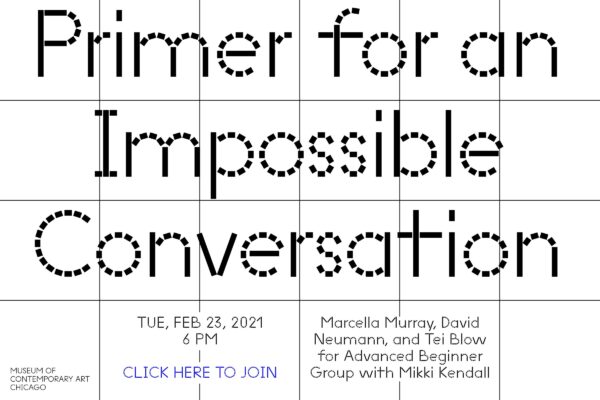 Grid with black lines against a white background with text over it reading Primer for an Impossible Conversation with the speaker names, date of the event, and a link to join the event