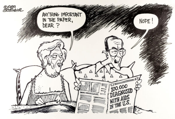 A couple sitting in bed as the man reads a newspaper with the front page headline: 100,000 diagnosed with AIDS in the US. The woman's speech bubble reads Anything in the paper, dear? And the man's response is nope!