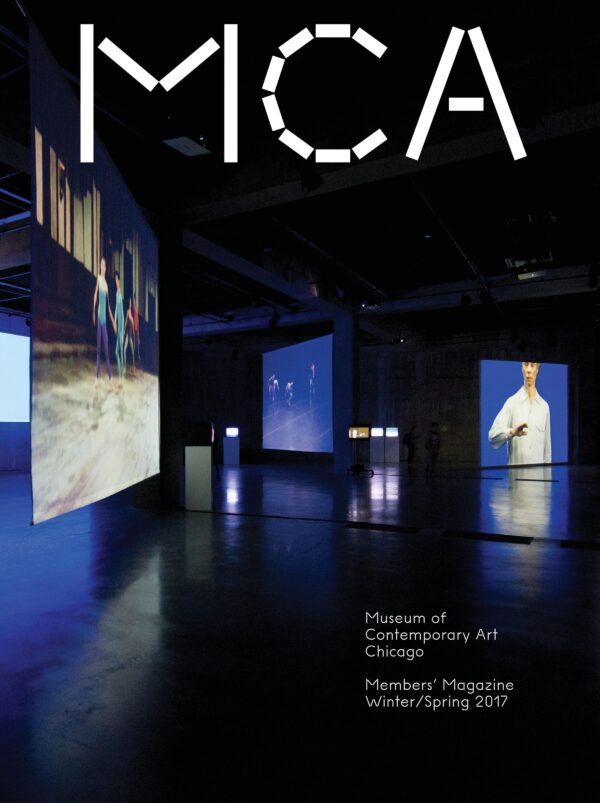 MCA magazine cover featuring an installation in a dark room of several screens placed at different heights and angles with stills of people or dance performances on them