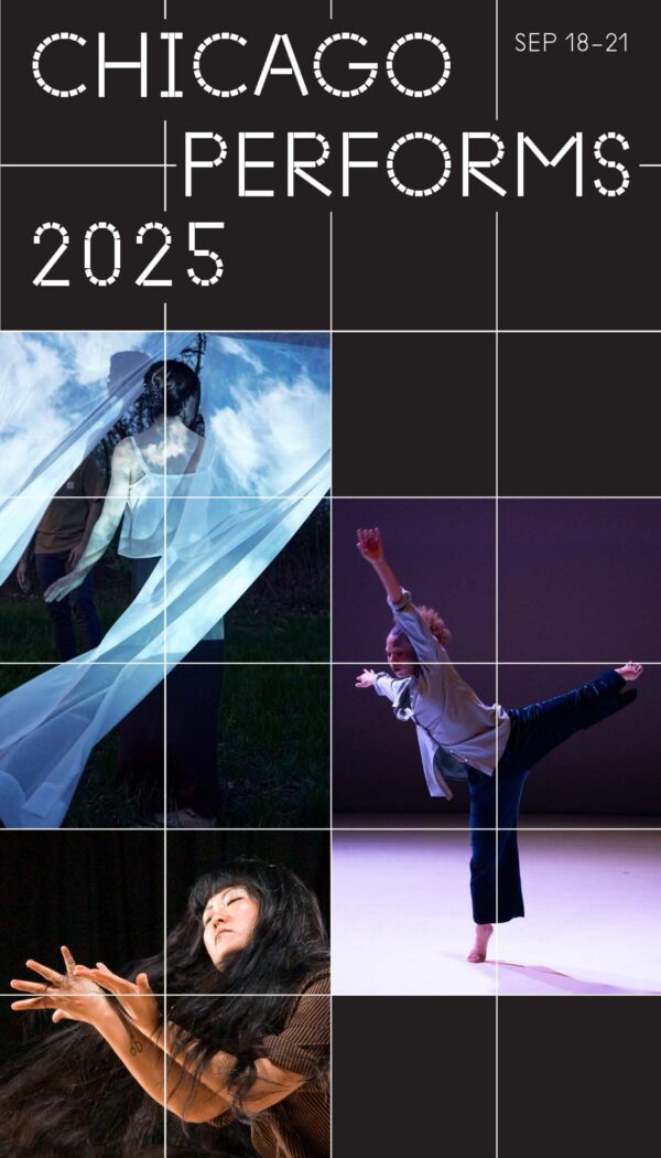 Cover of a brochure for Chicago Performs 2025 featuring three images of three different people in motion.