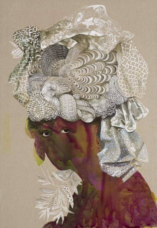 Painting of a person with undulating pieces of variously patterned fabrics on top of their head